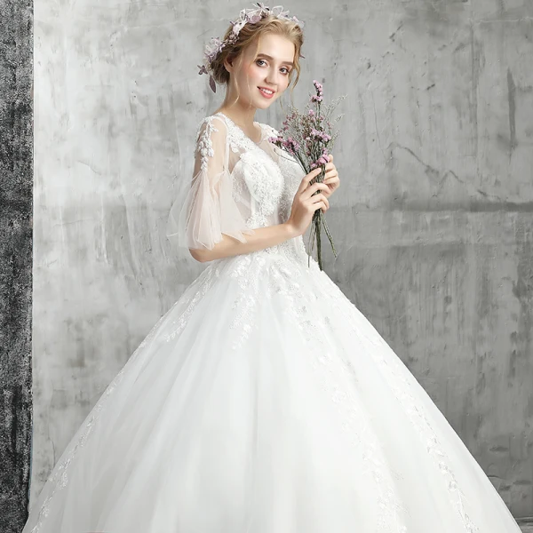 Elegante Weiß Brautkleider / Hochzeitskleider 2019 Ballkleid Rundhalsausschnitt Perlenstickerei Kristall Pailletten Blumen Spitze 1/2 Ärmel Rückenfreies Lange