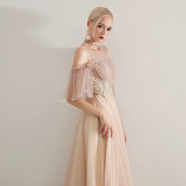 Elegant Champagne Prom Dresses 2019 A-Line / Princess Scoop Neck Beading Lace Appliques Ruffle Short Sleeve Backless Floor-Length / Long Formal Dresses