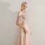 Elegant Champagne Prom Dresses 2019 A-Line / Princess Scoop Neck Beading Lace Appliques Ruffle Short Sleeve Backless Floor-Length / Long Formal Dresses
