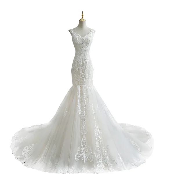 Charmant Ivory / Creme Meerjungfrau Brautkleider / Hochzeitskleider 2021 V-Ausschnitt Ärmellos Rückenfreies Spitze Blumen Hof-Schleppe Hochzeit