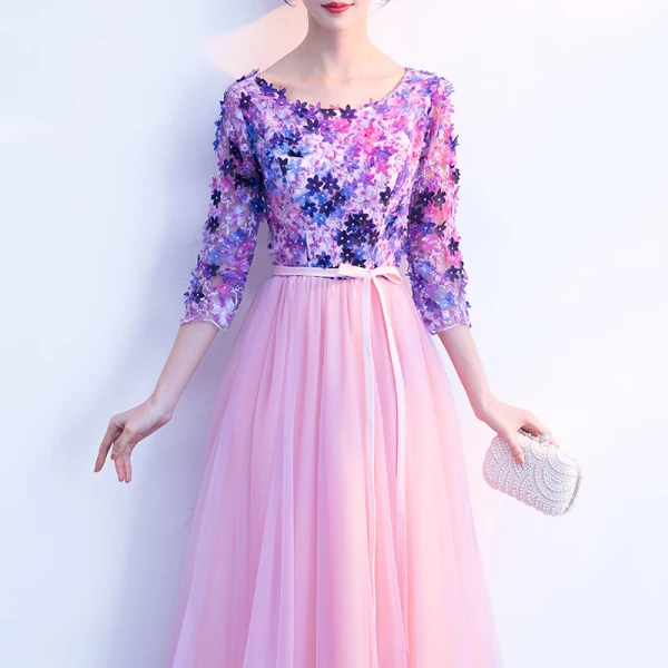 Chic / Beautiful Candy Pink Prom Dresses 2018 A-Line / Princess Appliques Bow Scoop Neck 3/4 Sleeve Floor-Length / Long Formal Dresses