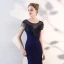 Chic / Belle Bleu Marine Robe De Soirée 2019 Trompette / Sirène Encolure Dégagée Perlage Gland Sans Manches Robe De Ceremonie