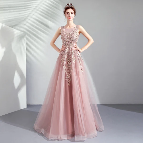 Chic / Beautiful Pearl Pink Prom Dresses 2019 A-Line / Princess Scoop Neck Embroidered Pearl Rhinestone Sleeveless Backless Floor-Length / Long Formal Dresses