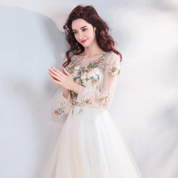 Elegant Champagne Prom Dresses 2019 A-Line / Princess Scoop Neck Beading Lace Flower Appliques Long Sleeve Backless Court Train Formal Dresses