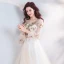 Elegant Champagne Prom Dresses 2019 A-Line / Princess Scoop Neck Beading Lace Flower Appliques Long Sleeve Backless Court Train Formal Dresses