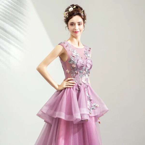 Chic / Beautiful Purple Prom Dresses 2019 A-Line / Princess Scoop Neck Appliques Lace Rhinestone Sleeveless Court Train Formal Dresses