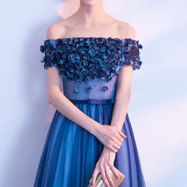 Élégant Bleu Marine Robe De Bal 2018 Princesse Appliques Noeud Perlage Cristal De l'épaule Dos Nu Sans Manches Longue Robe De Ceremonie