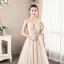 Modern / Fashion Champagne Wedding Dresses 2019 A-Line / Princess V-Neck Beading Pearl Lace Flower Sleeveless Backless Court Train