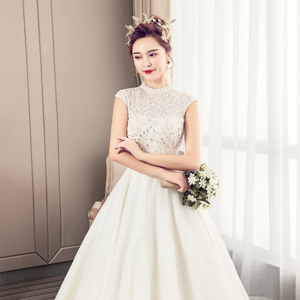 Luxury / Gorgeous Ivory Wedding Dresses 2019 A-Line / Princess High Neck Beading Crystal Lace Flower Pearl Sleeveless Backless Court Train