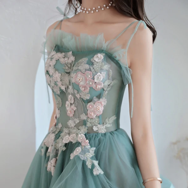 Modern / Fashion Jade Green Prom Dresses 2019 A-Line / Princess Spaghetti Straps Appliques Lace Sleeveless Backless Cascading Ruffles Floor-Length / Long Formal Dresses