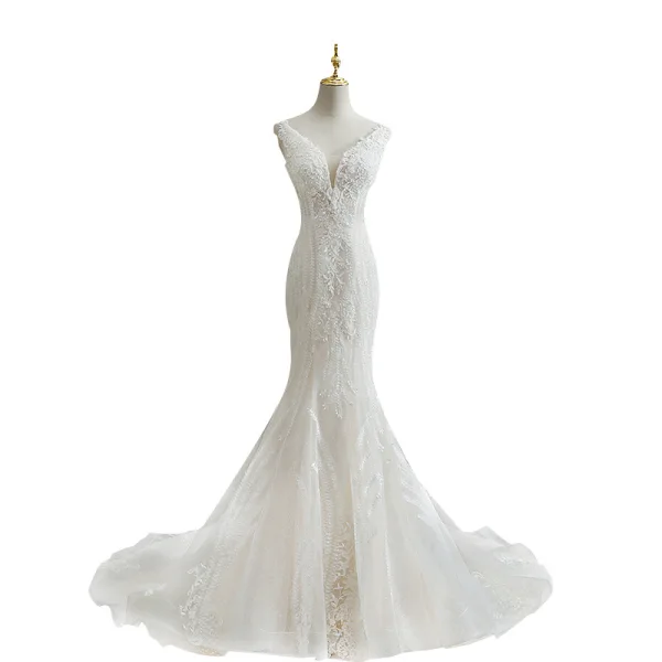 Charming Ivory Wedding Dresses 2021 Trumpet / Mermaid V-Neck Beading Pearl Sequins Lace Flower Sleeveless Backless Court Train Wedding