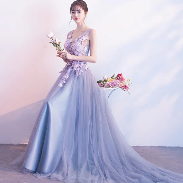 Chic / Belle Robe De Soirée 2018 Princesse Appliques V-Cou Dos Nu Sans Manches Train De Balayage Robe De Ceremonie