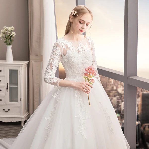 Snygga / Fina Elfenben Bröllopsklänningar 2019 Prinsessa Urringning Spets Blomma 3/4 ärm Halterneck Cathedral Train