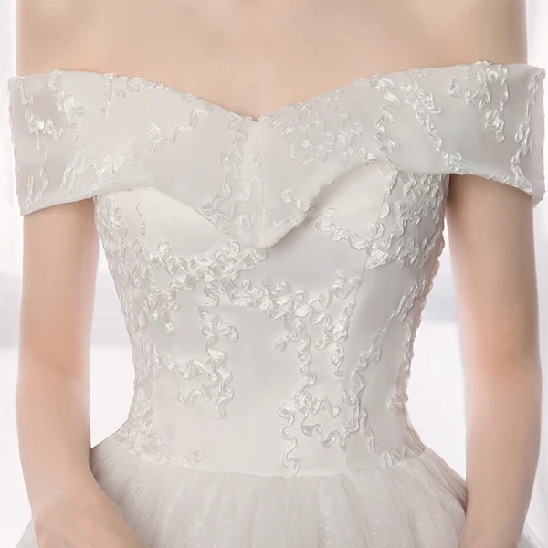 Elegant Ivory Wedding Dresses 2019 A-Line / Princess Off-The-Shoulder Lace Backless Short Sleeve Flower Cathedral Train