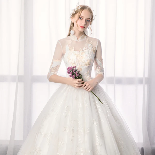 Chinese style Ivory Wedding Dresses 2019 A-Line / Princess High Neck Lace Flower Sequins 1/2 Sleeves Backless Floor-Length / Long
