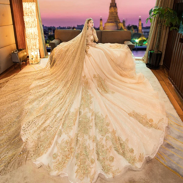 Luxury / Gorgeous Gold 2019 Wedding Dresses A-Line / Princess Scoop Neck Beading Crystal Lace Flower Sequins Long Sleeve Backless Royal Train