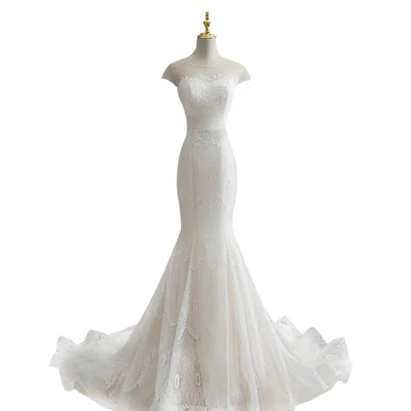 Charming Ivory Trumpet / Mermaid Wedding Dresses 2021 Scoop Neck Lace Flower Short Sleeve Backless Chapel Train Wedding