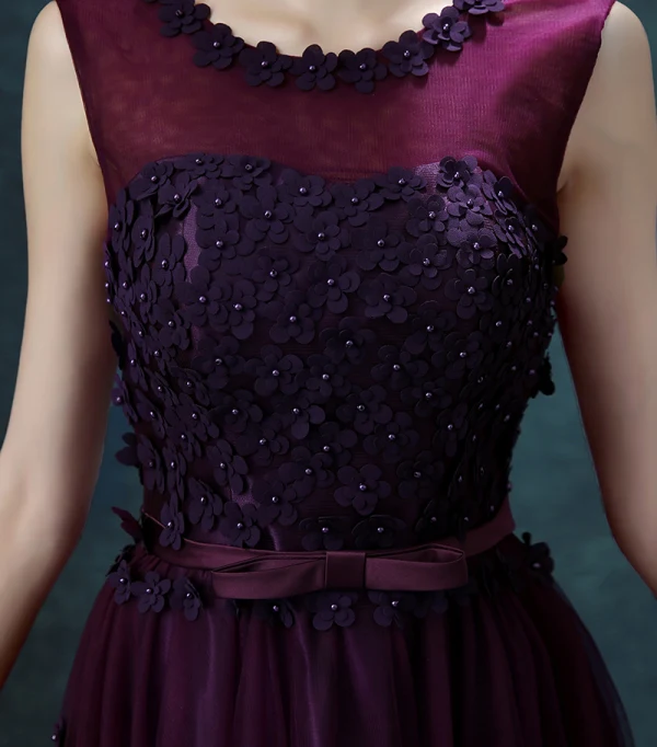 Chic / Beautiful Grape Bridesmaid Dresses 2018 A-Line / Princess Bow Flower Scoop Neck Backless Sleeveless Floor-Length / Long Wedding Party Dresses
