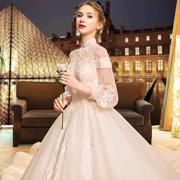 Luxus / Herrlich Champagner Brautkleider / Hochzeitskleider 2019 A Linie Stehkragen Spitze Blumen Lange Ärmel Rückenfreies Königliche Schleppe