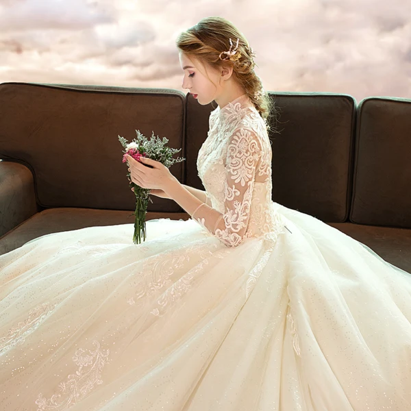 Elegant Champagne Wedding Dresses 2019 A-Line / Princess High Neck Lace Flower 3/4 Sleeve Backless Royal Train