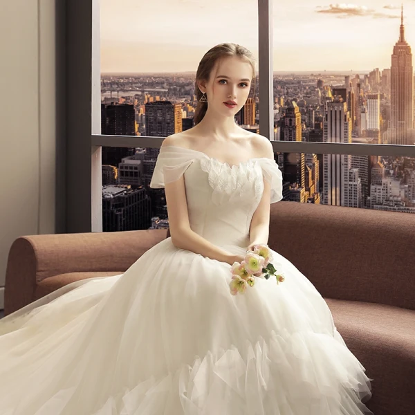 Elegant Ivory Wedding Dresses 2019 A-Line / Princess Sleeveless Leaf Appliques Off-The-Shoulder Backless Ruffle Cathedral Train Wedding