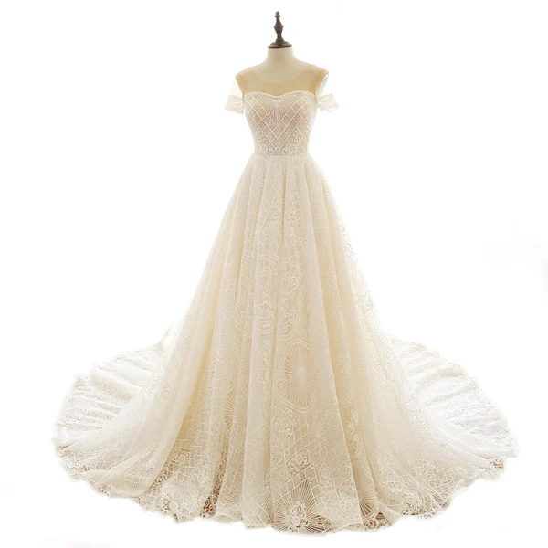 Luxury / Gorgeous Champagne Wedding Dresses 2019 A-Line / Princess Scoop Neck Beading Sequins Lace Flower Short Sleeve Backless Chapel Train