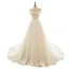 Luxury / Gorgeous Champagne Wedding Dresses 2019 A-Line / Princess Scoop Neck Beading Sequins Lace Flower Short Sleeve Backless Chapel Train