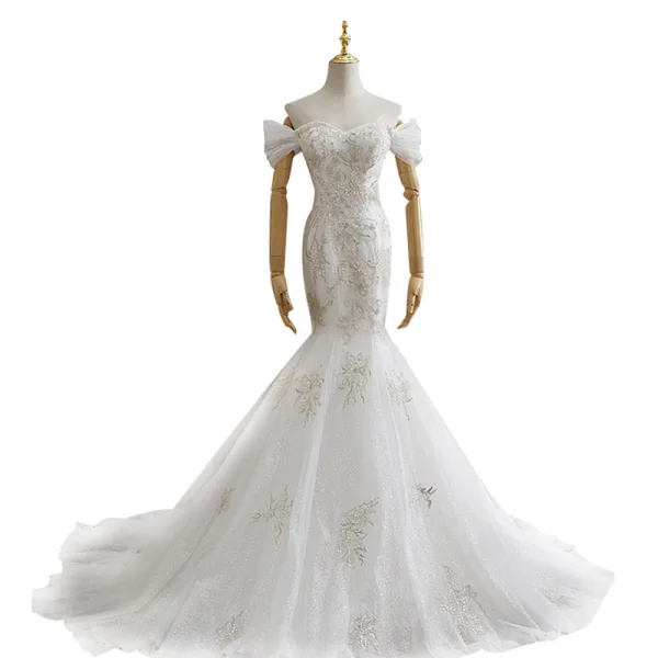 Fashion White Trumpet / Mermaid Wedding Dresses 2021 Off-The-Shoulder Glitter Sequins Lace Flower Sleeveless Backless Cathedral Train Wedding