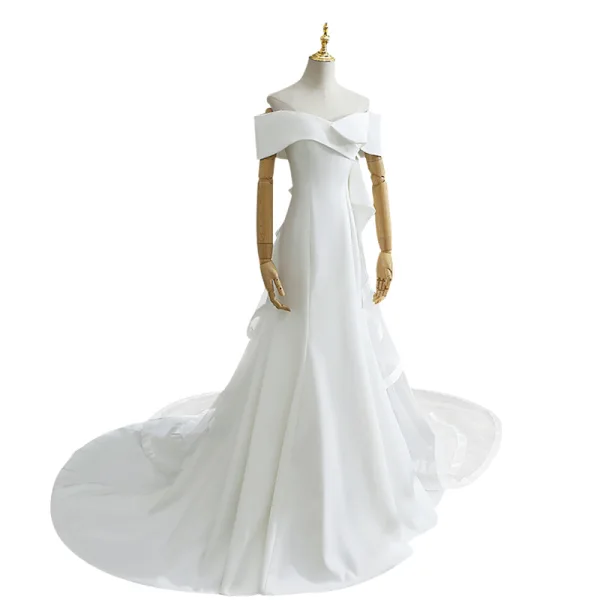 Élégant Ivoire Trompette / Sirène Satin Robe De Mariée 2021 De l'épaule Manches Courtes Dos Nu Cathedral Train