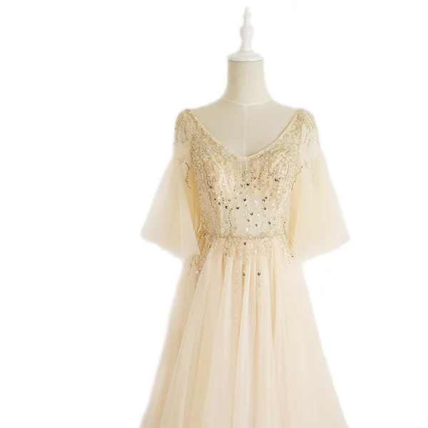 Chic / Belle Champagne Robe De Soirée 2019 Princesse V-Cou Perlage Perle Faux Diamant Manches de cloche Dos Nu Train De Balayage Robe De Ceremonie