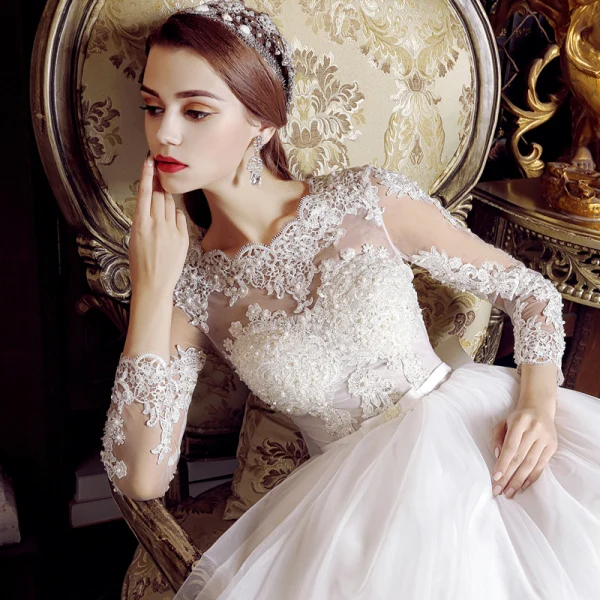 Classy Ivory Wedding Dresses 2019 A-Line / Princess Scoop Neck Pearl Sequins Lace Flower Long Sleeve Backless Bow Sash Floor-Length / Long