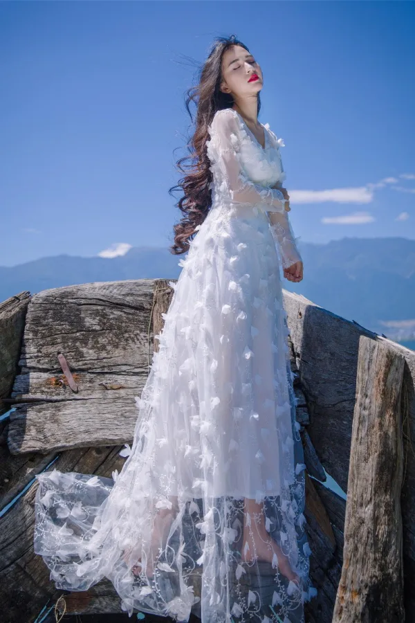 Illusion White Honeymoon Maxi Dresses 2019 A-Line / Princess V-Neck Appliques Long Sleeve Sweep Train Womens Clothing