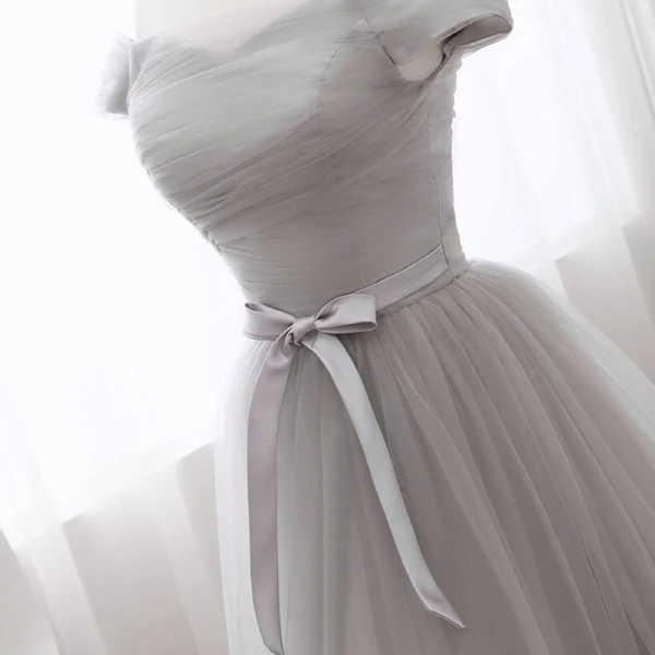 Elegant Grey Prom Dresses 2019 A-Line / Princess Off-The-Shoulder Short Sleeve Backless Bow Court Train Formal Dresses
