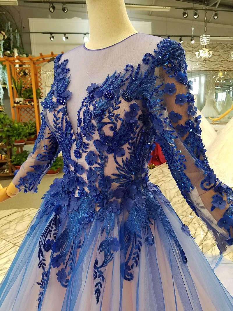 Chic Beautiful Royal Blue Evening Dresses 2019 A Line Princess Scoop Neck  Lace Flower Appliques Beading Crystal 3 4 Sleeve Chapel Train Formal Dresses