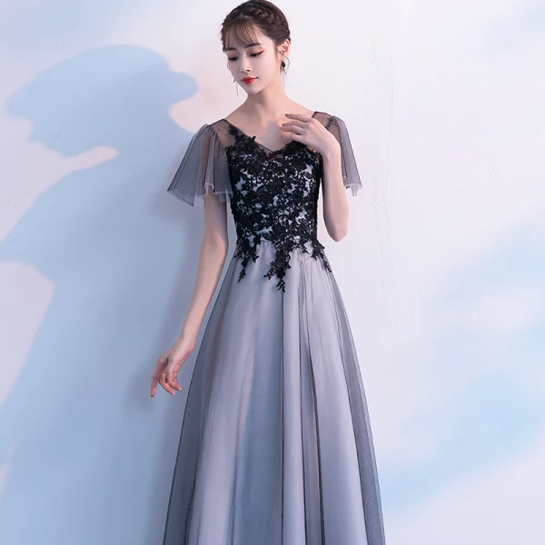 Chic / Beautiful Black Evening Dresses  2019 A-Line / Princess V-Neck Lace Flower Short Sleeve Backless Floor-Length / Long Formal Dresses