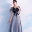 Chic / Beautiful Black Evening Dresses  2019 A-Line / Princess V-Neck Lace Flower Short Sleeve Backless Floor-Length / Long Formal Dresses