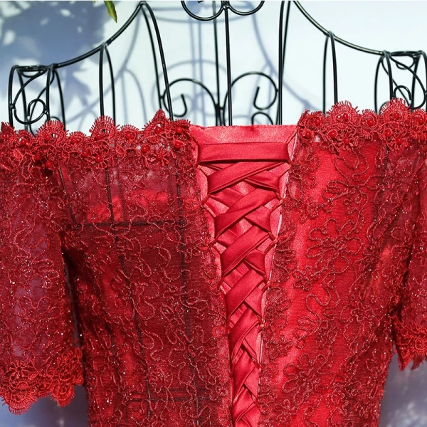Luxury / Gorgeous Red Formal Dresses 2017 Lace Flower Bow Sequins Square Neckline Short Sleeve Floor-Length / Long A-Line / Princess Evening Dresses
