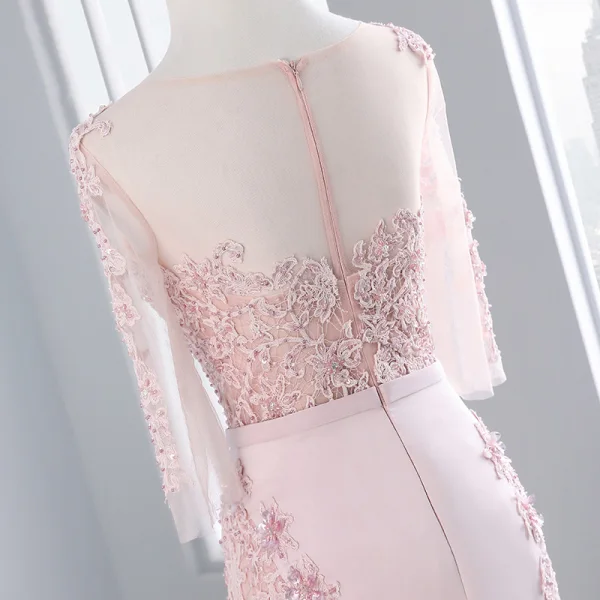 Chic / Belle Rose Bonbon Robe De Soirée 2018 Trompette / Sirène Dentelle Fleur Perlage Noeud Encolure Dégagée 1/2 Manches Dos Nu Train De Balayage Robe De Ceremonie