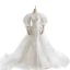 Luxury / Gorgeous Ivory Trumpet / Mermaid Wedding Dresses 2021 V-Neck Beading Pearl Lace Flower Long Sleeve Backless Cathedral Train Wedding