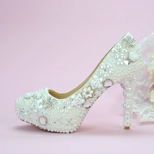 Classy Ivory Womens Shoes 2019 Crystal Pearl Rhinestone Flower 14 cm Stiletto Heels Round Toe Wedding Pumps