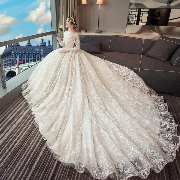 Luxury / Gorgeous Beige Wedding Dresses 2019 A-Line / Princess Scoop Neck Beading Pearl Sequins Lace Flower Long Sleeve Backless Royal Train
