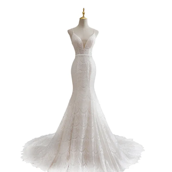 Ivory Pearl Trumpet/Mermaid Spaghetti Straps Wedding Guest Dress
