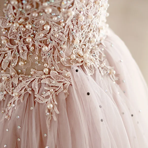Chic / Beautiful Blushing Pink Prom Dresses 2018 A-Line / Princess Lace Appliques Beading Pearl Rhinestone Scoop Neck Sleeveless Sweep Train Formal Dresses