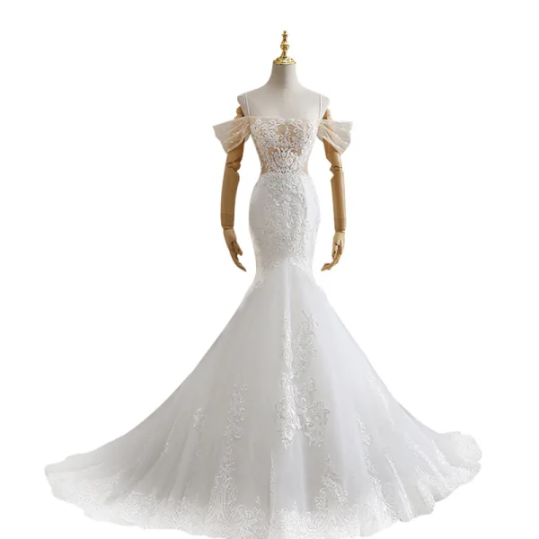 Sexy White Trumpet / Mermaid Wedding Dresses 2021 Spaghetti Straps Beading Pearl Rhinestone Lace Flower Sleeveless Backless Cathedral Train Wedding