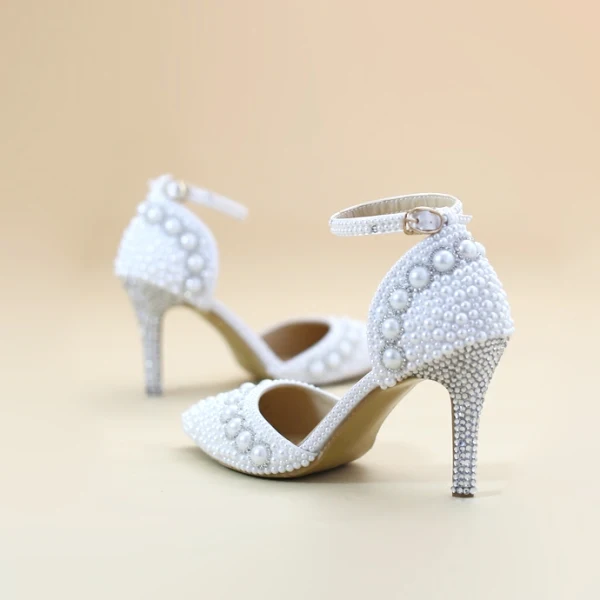 Chic / Beautiful White Wedding Shoes 2019 Pearl Ankle Strap Rhinestone 8 cm Stiletto Heels Pointed Toe Wedding High Heels