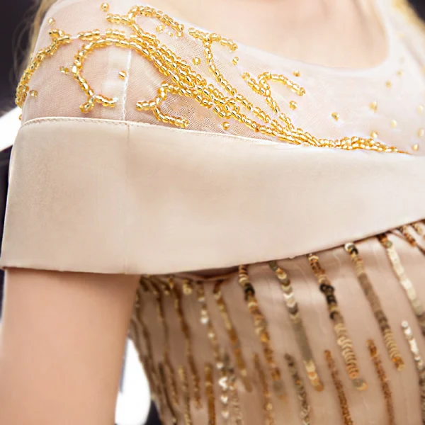 Modern / Fashion Gold Evening Dresses 2019 A-Line / Princess Scoop Neck Beading Sequins Short Sleeve Backless Metal Sash Floor-Length / Long Formal Dresses