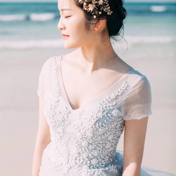 Chic / Beautiful Grey Prom Dresses 2018 A-Line / Princess Beading Lace Flower Sequins V-Neck Backless Short Sleeve Floor-Length / Long Formal Dresses
