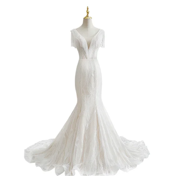 Charmant Blanche Trompette / Sirène Robe De Mariée 2021 V-Cou Perlage Gland En Dentelle Fleur Sans Manches Dos Nu Cathedral Train Mariage