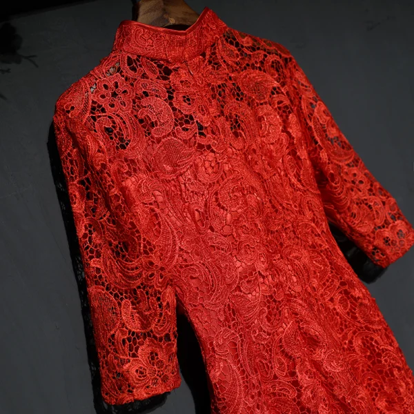 Style Chinois Rouge Robe De Soirée 2019 Trompette / Sirène Col Haut Transparentes Dentelle Fleur 1/2 Manches Longue Robe De Ceremonie