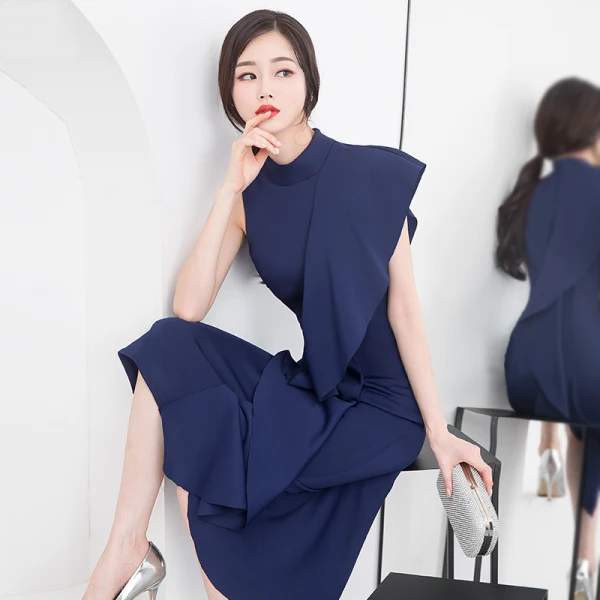 Modern / Fashion Modest / Simple Navy Blue Evening Dresses 2019 Trumpet / Mermaid Scoop Neck Sleeveless Tea-length Formal Dresses